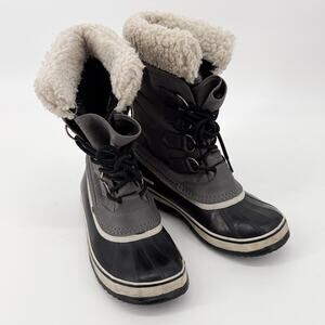 Sorel Womens Carnival Gray Navy Winter Boots Waterproof Faux Fur Size 8